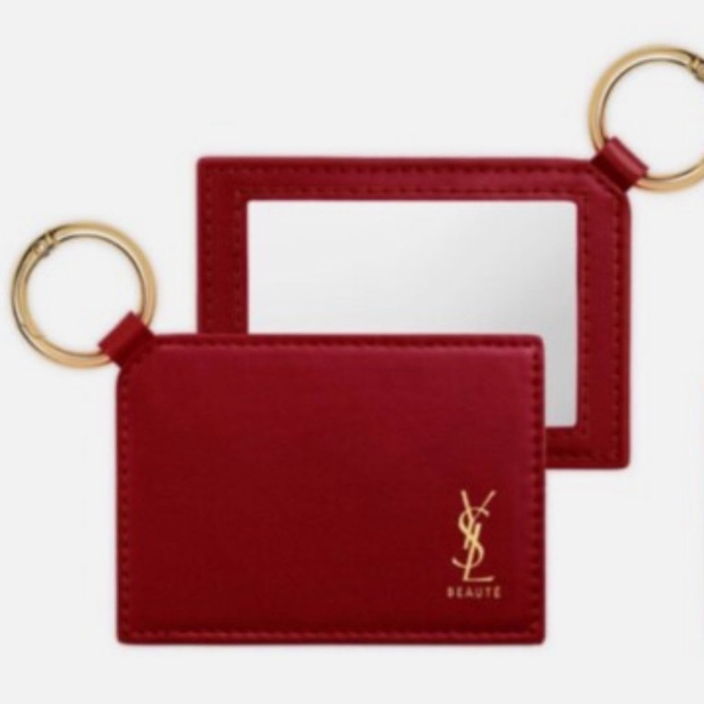 YSL Red Pocket Mirror Gold Holiday Keyring‎ gift stocking classic designer NWT